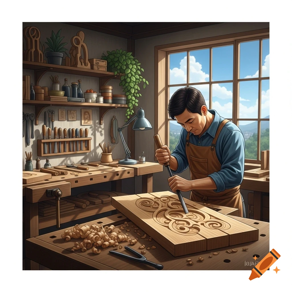 An artisan in an apron carves intricate patterns into a wooden board in a clean, sunlit woodworking shop.