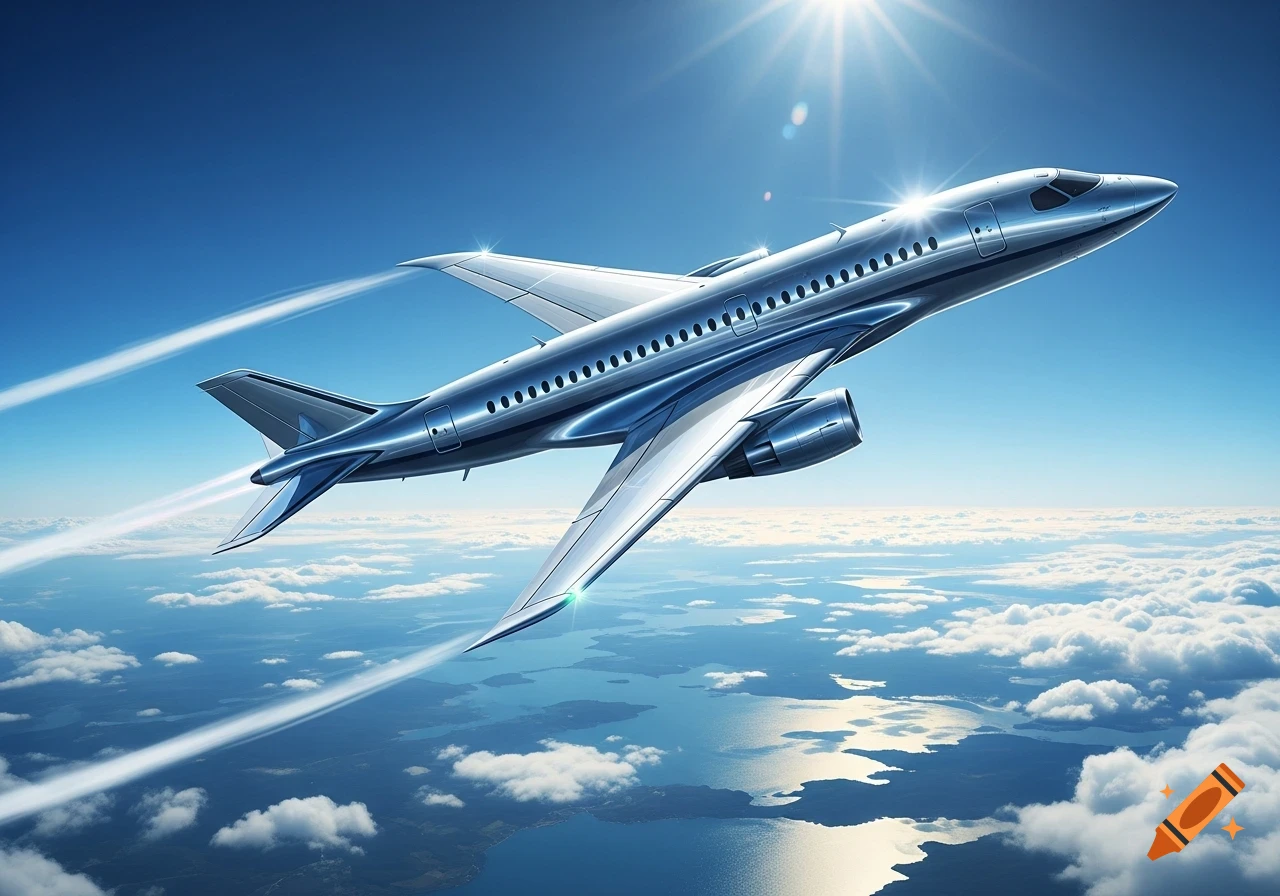 A sleek silver airplane soars through a bright blue sky above fluffy white clouds and a reflective ocean.