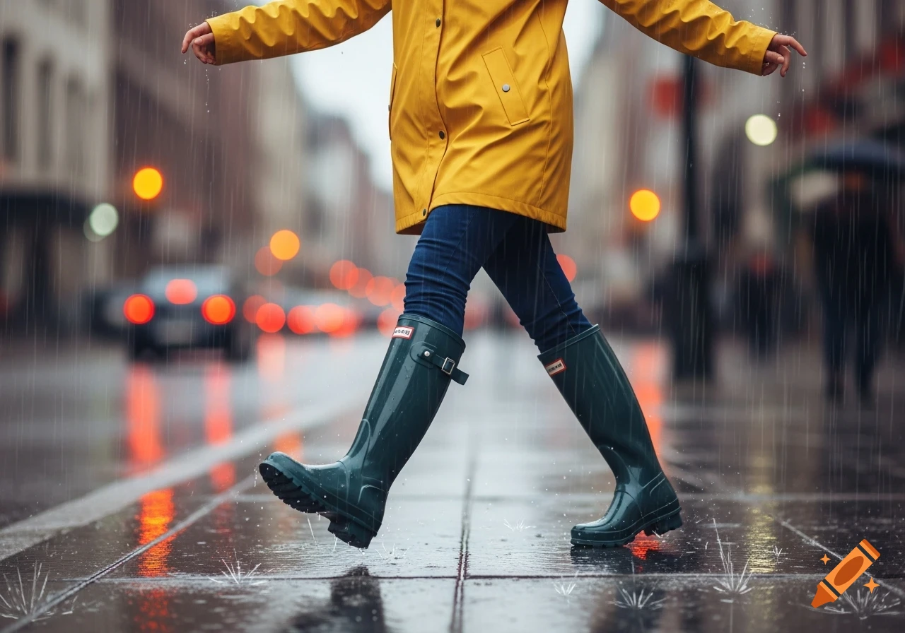 A person in a yellow raincoat and dark green wellington boots walks on a wet city street in the rain.