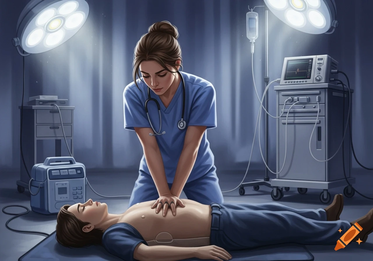 A female healthcare worker performs CPR on a patient lying on a mat in a medical room under bright lights, digital art.
