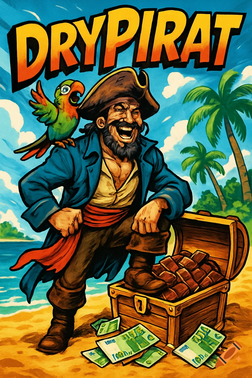 Laughing cartoon pirate with a parrot on his shoulder on a beach, foot on a treasure chest of chocolate, Euro notes nearby. Title 'DRYPIRAT'. Comic style.