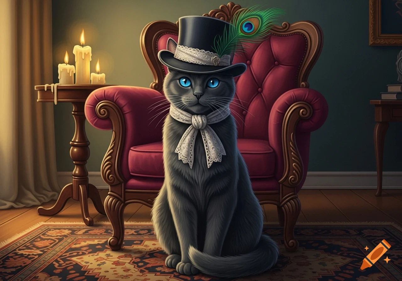 A dapper gray cat with bright blue eyes wears a top hat with a peacock feather and a lace cravat, sitting in a richly decorated room.