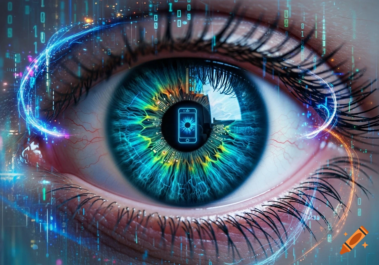 Close-up of a human eye with a glowing smartphone icon in the pupil, surrounded by circuit patterns, binary code, and blue light trails.