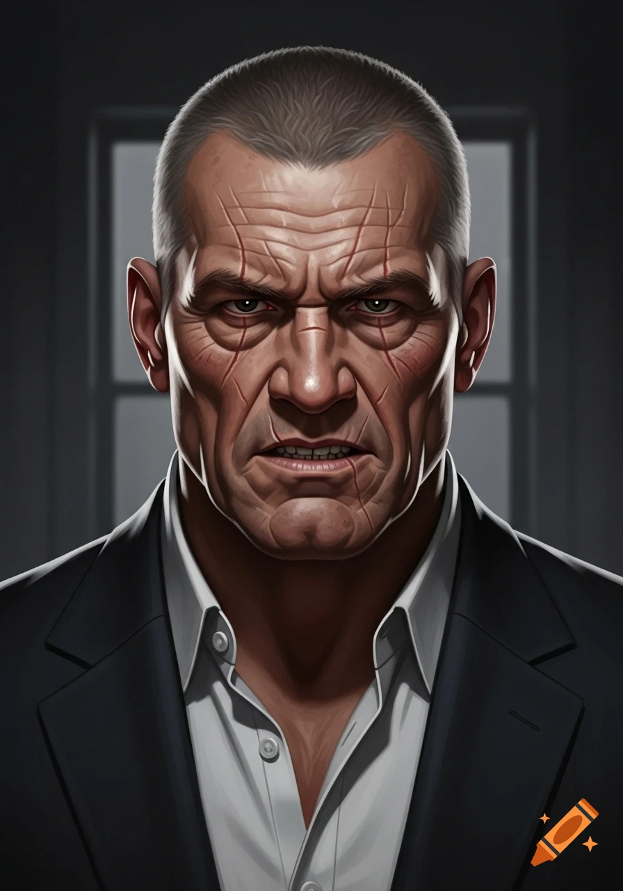 A stylized portrait of a stern, scarred man in a suit, with short gray hair and an intense gaze.