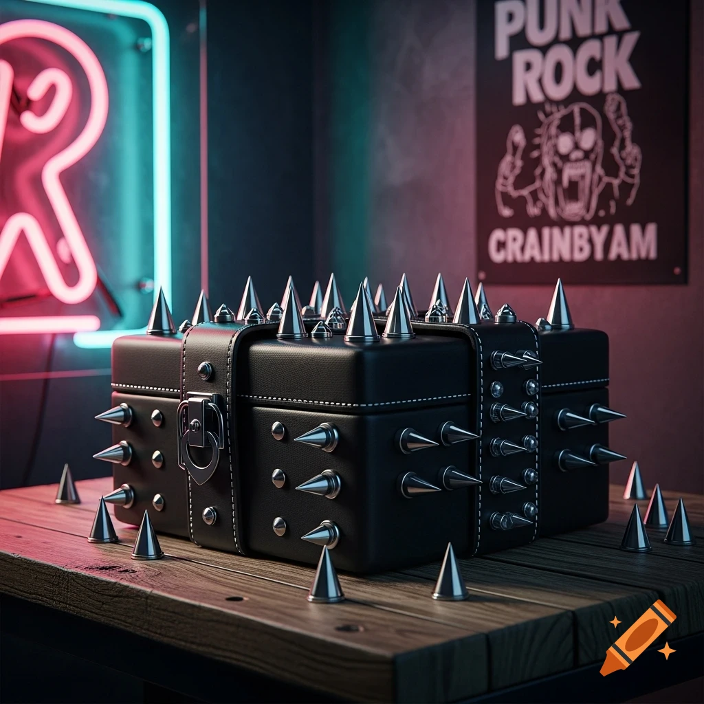 A black leather-bound box covered in metal spikes and studs, sitting on a wooden table. Neon signs and a 'PUNK ROCK' poster are in the dimly lit background.