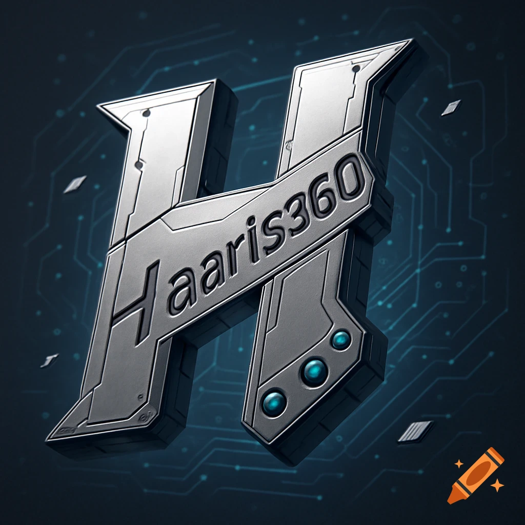 A high-tech metallic silver letter H logo with 'Haaris360' engraved, metallic blue rivets, and a futuristic circuit board background.