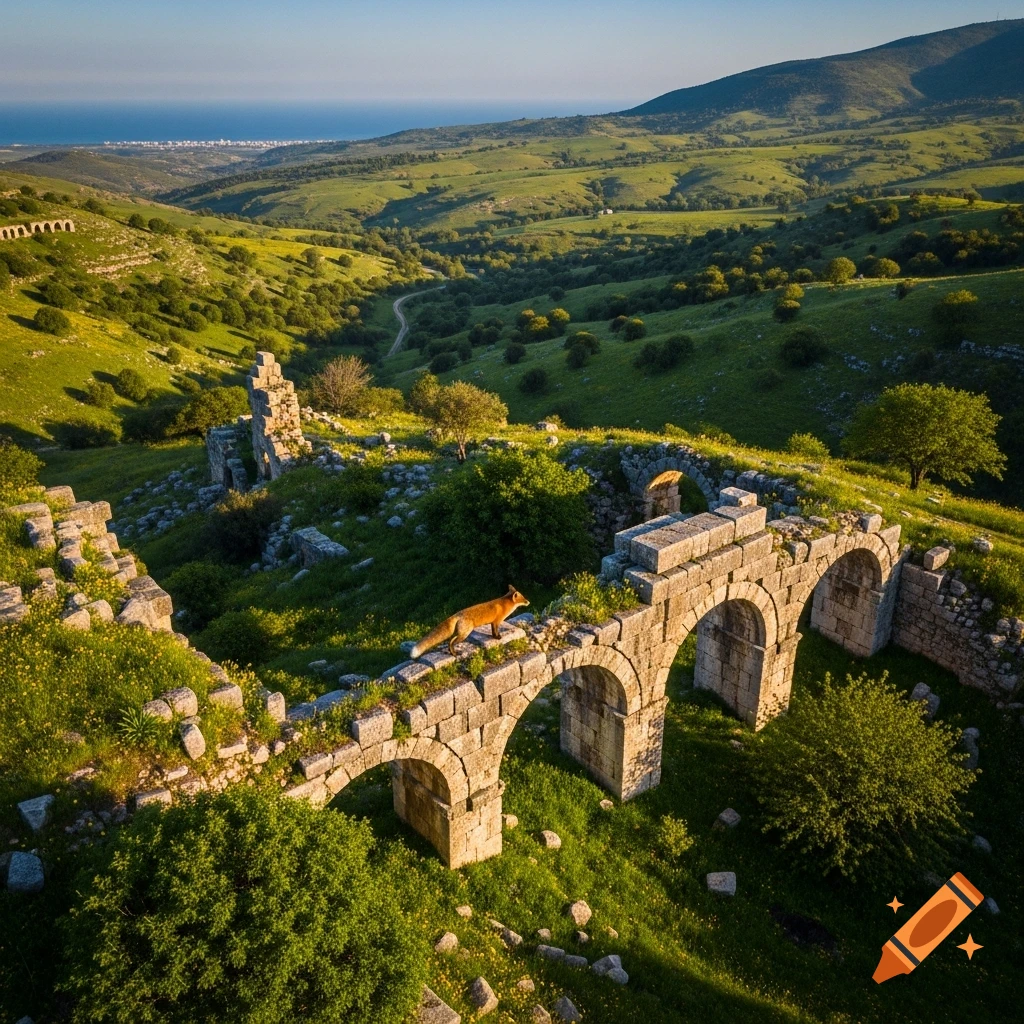 A photorealistic aerial view of a fox walking across ancient stone ruins in a vibrant green valley overlooking a distant sea and town.