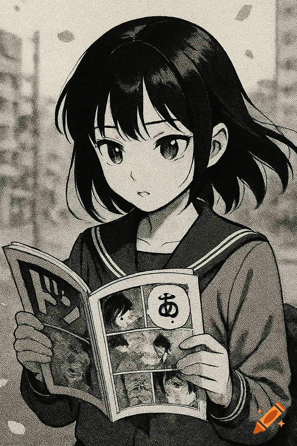 An anime girl in a school uniform reads a comic book in a black and white halftone style.