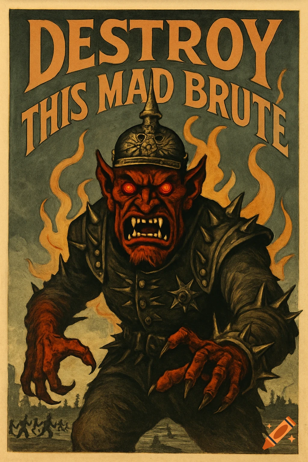 Vintage WWI propaganda poster of a red-skinned, fanged brute in spiked helmet and armor, surrounded by flames. Text: DESTROY THIS MAD BRUTE.