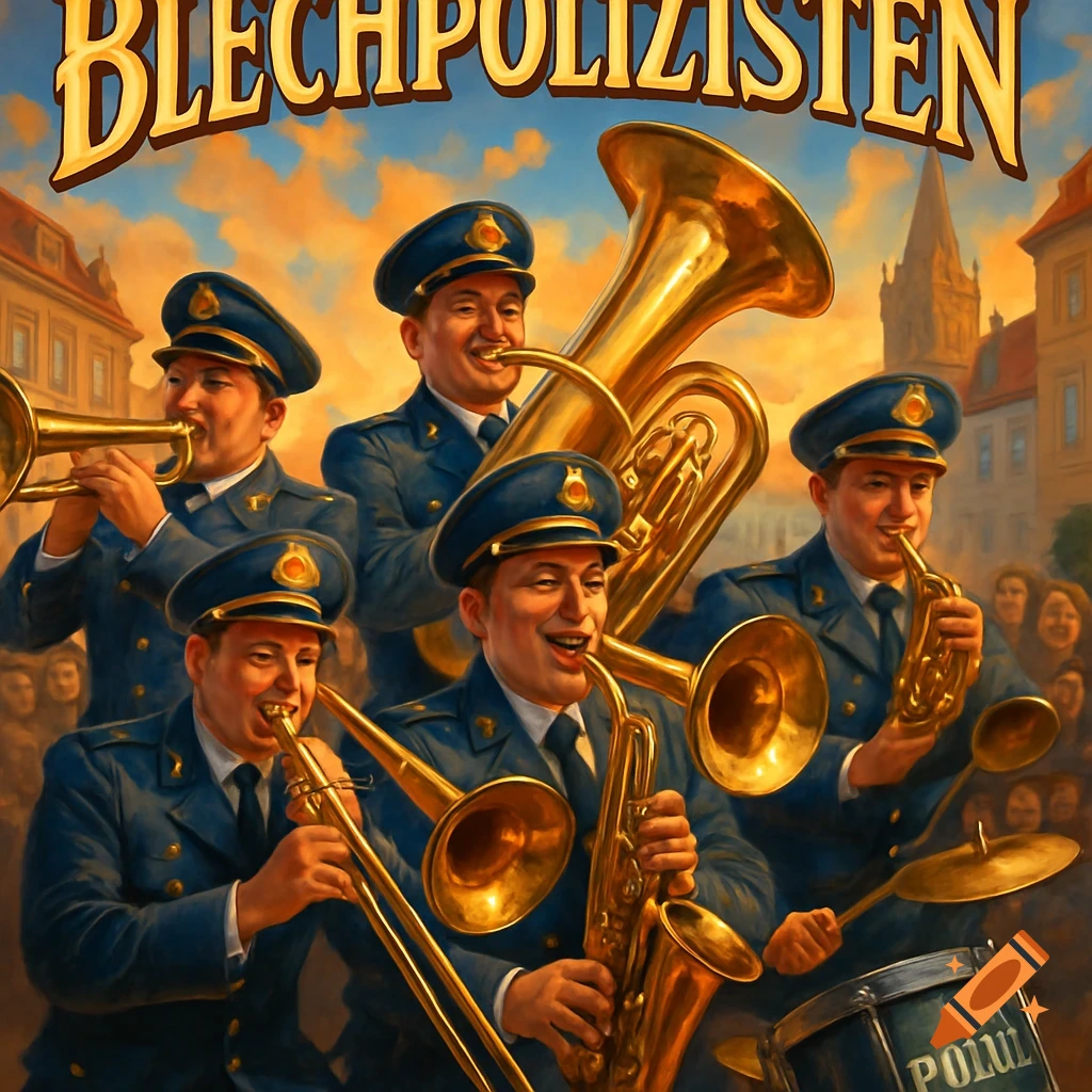 A brass band of five smiling policemen in blue uniforms playing instruments like trombone, trumpet, tuba, and saxophone, with "BLECHPOLIZISTEN" as a heading.