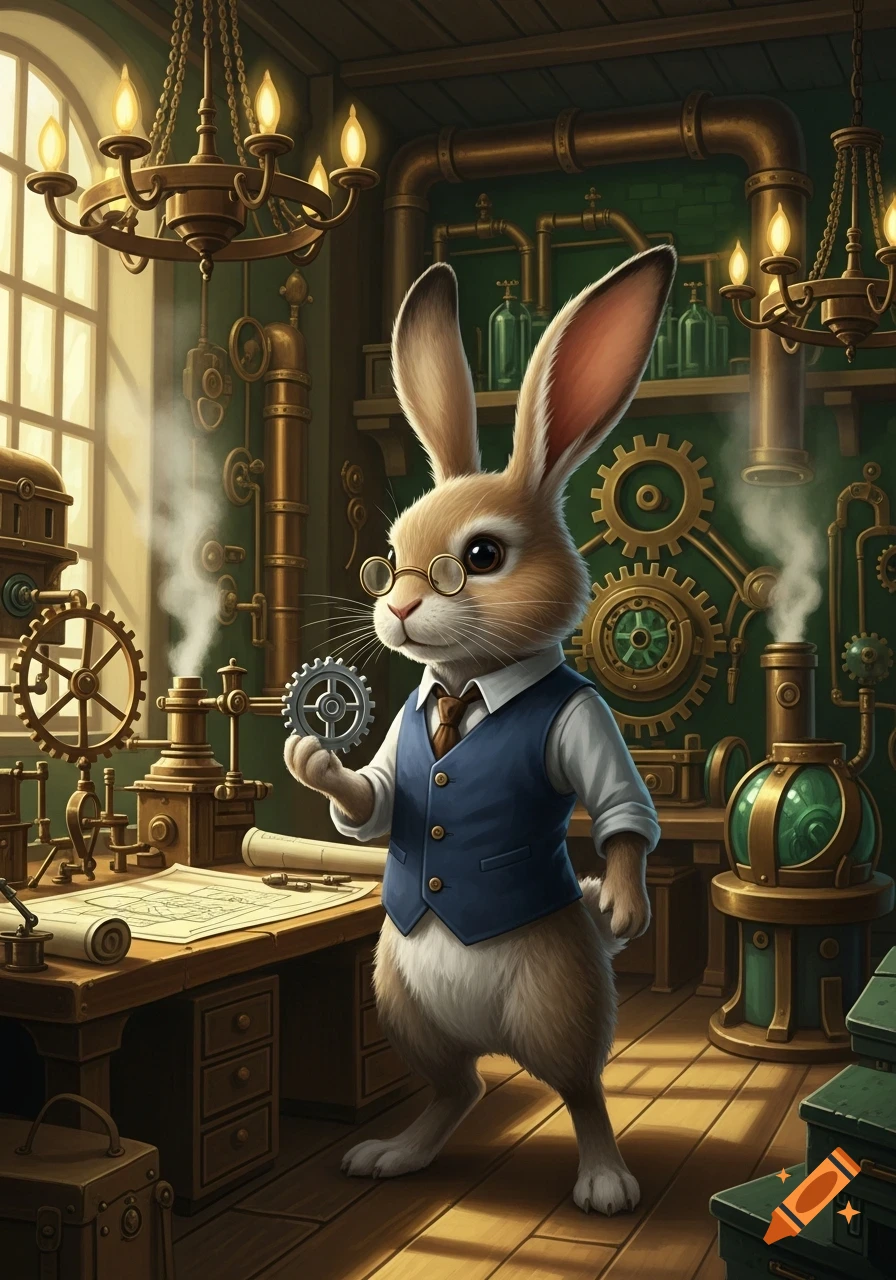 An anthropomorphic rabbit engineer wearing glasses and a vest holds a ...