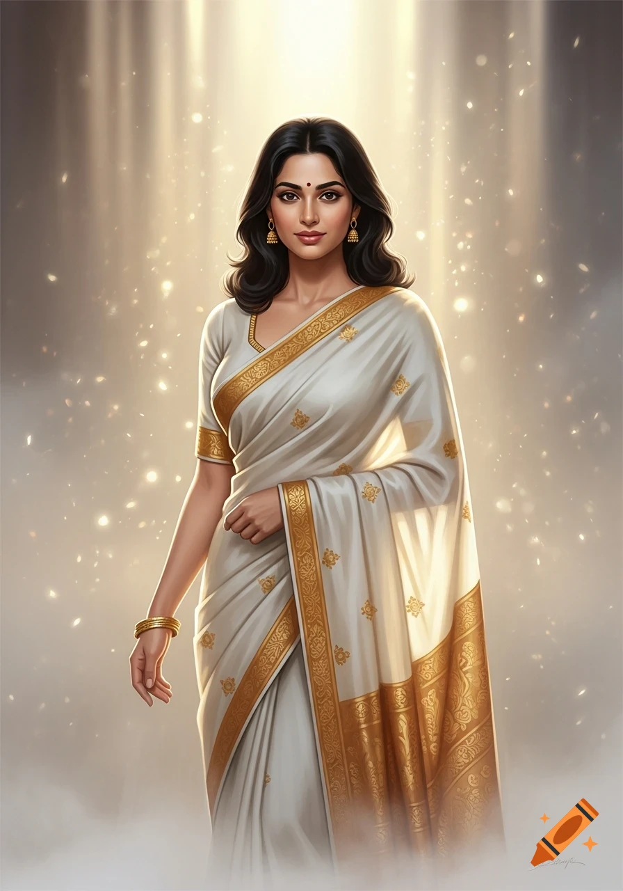 A stunning woman with dark hair in a white saree with golden patterns and jewelry, standing against an ethereal glowing background.