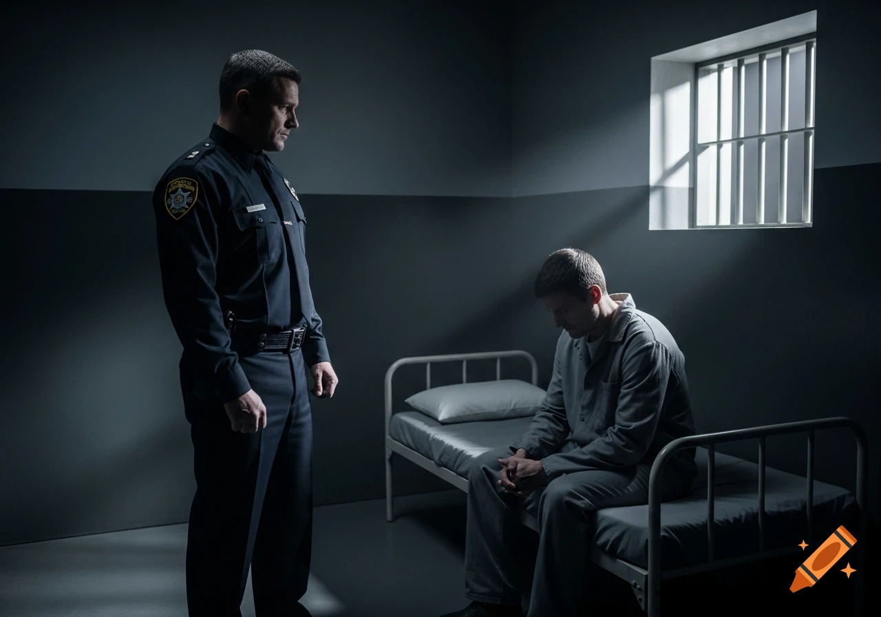 A police officer in a dark uniform stands looking down at an inmate in a grey jumpsuit, who sits on a metal bed with his head bowed in a dimly lit cell.