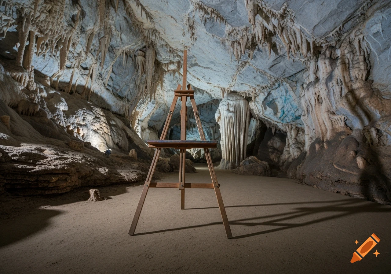 A wooden easel stands on the sandy floor of a large, illuminated cave filled with stalactites and stalagmites.