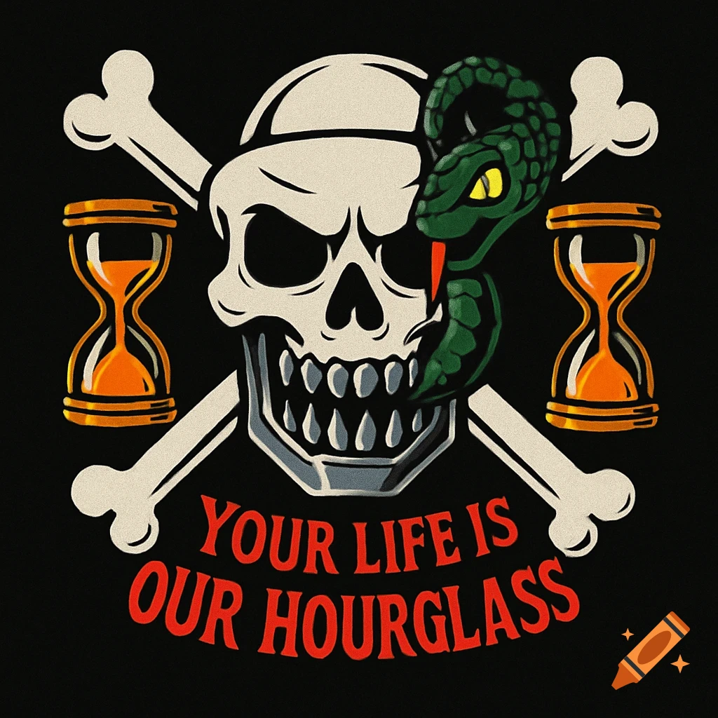 A pirate Jolly Roger with a skull, crossbones, and a snake. Hourglasses flank the skull, with text 'YOUR LIFE IS OUR HOURGLASS'.