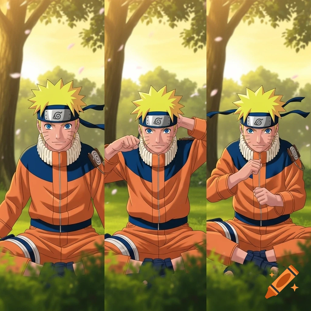Anime character Naruto in three panels, sitting cross-legged in a sunlit forest, depicting an idle animation.