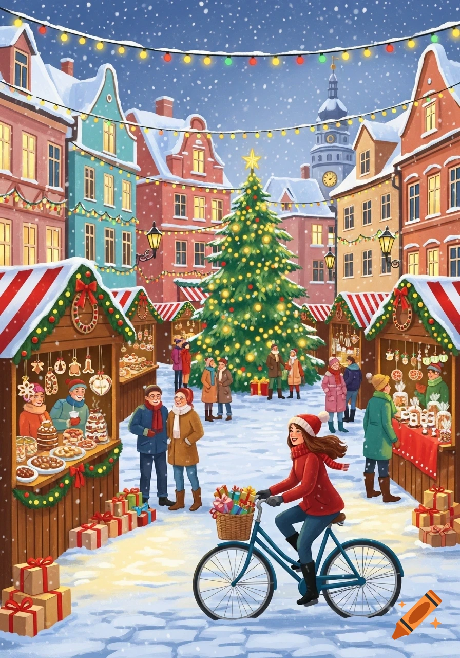 Illustrated Christmas market scene in a snowy European town square with ...