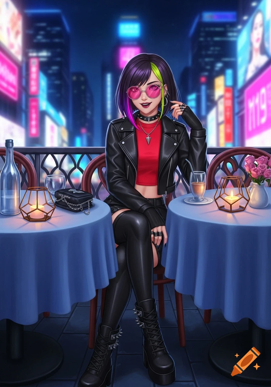 Anime-style woman with purple and green hair, wearing a leather jacket and thigh-high boots, sitting at an outdoor restaurant table at night with city lights in the background.