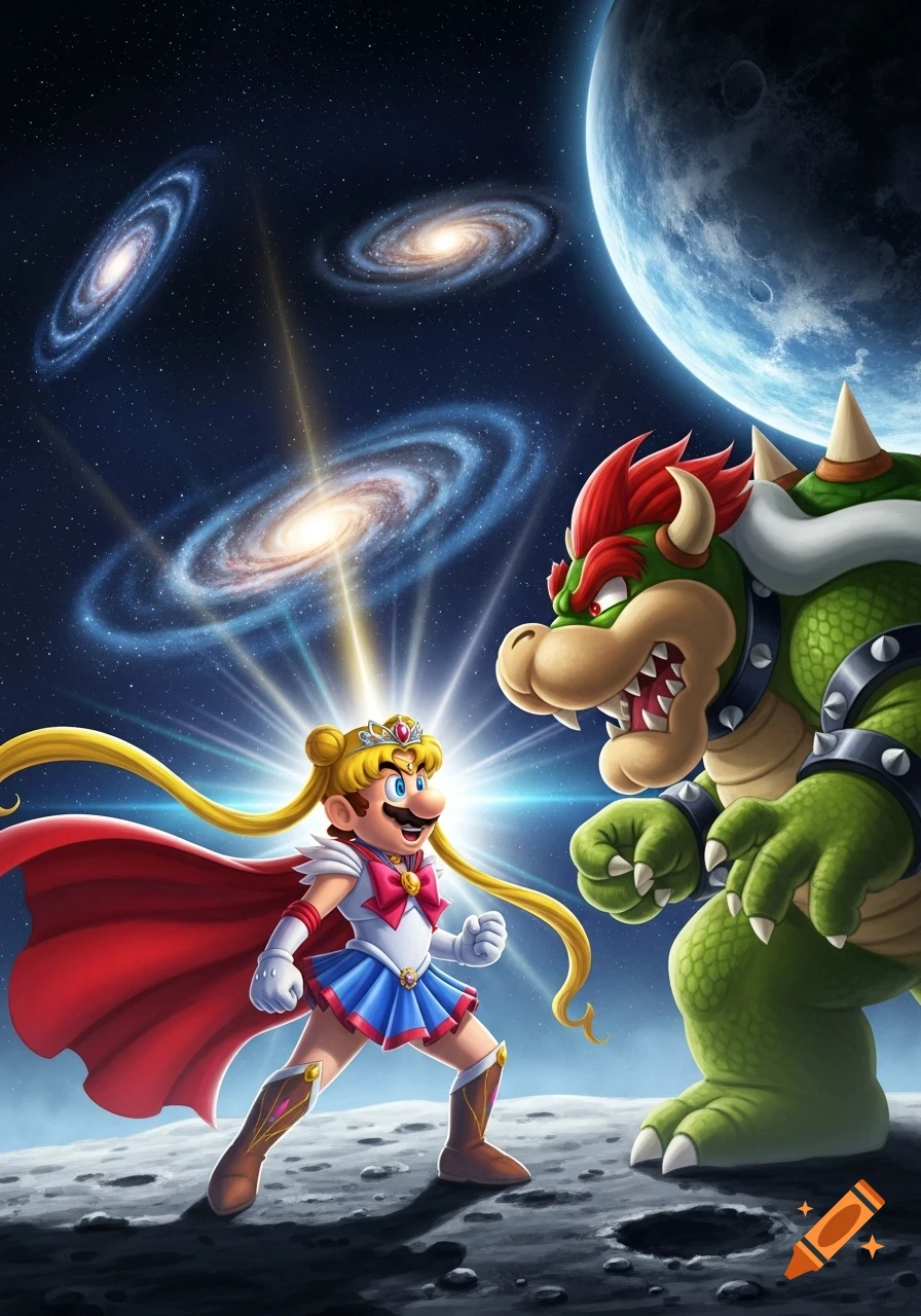 Mario dressed as Sailor Moon facing Bowser on a moon in space with galaxies in the background, stylized digital art.