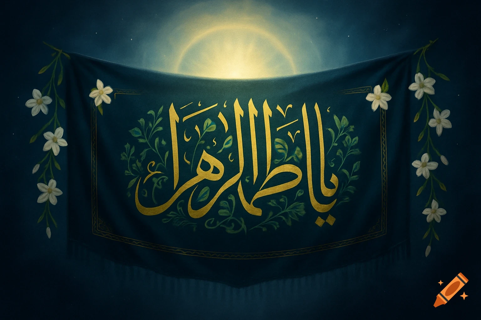 A dark teal banner with golden Arabic calligraphy 'Ya Fatimah Az-Zahra,' adorned with white jasmine flowers, glowing under a soft light.