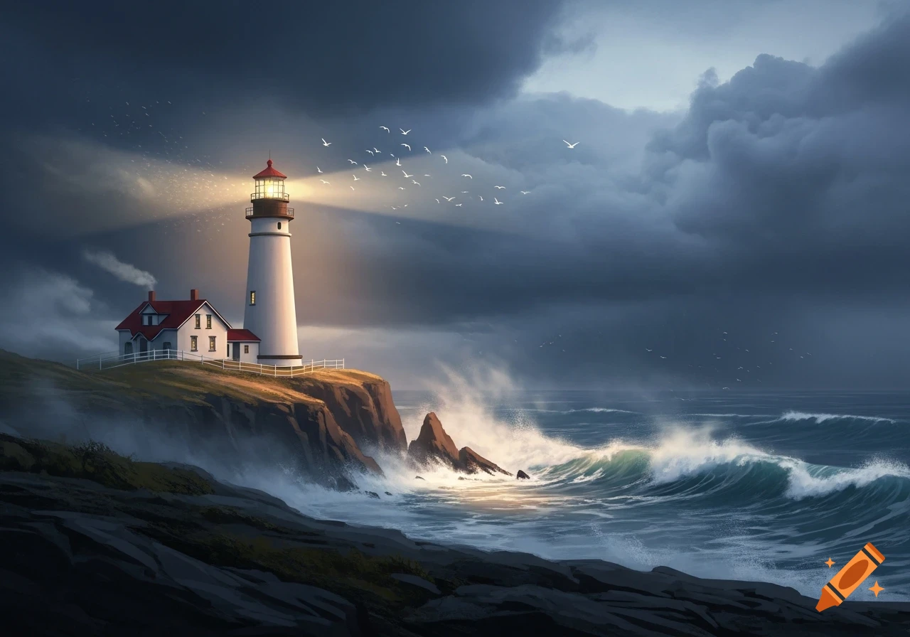 A bright lighthouse and house on a rocky cliff overlooking a stormy sea with crashing waves and dark clouds.