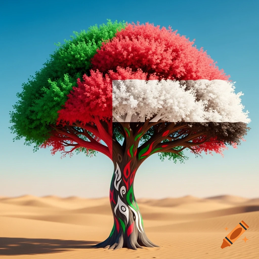 A stylized tree with green, red, white, and black foliage resembling the UAE flag, with painted trunk, in a sandy desert.