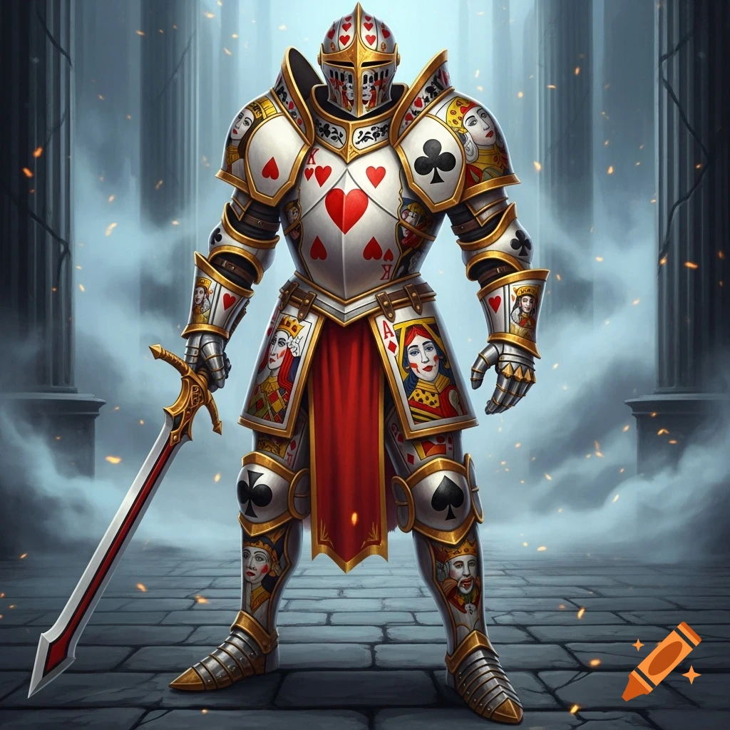 A knight in ornate white and gold armor, adorned with red hearts, black clubs, spades, and playing card faces, stands with a sword in a misty, pillared hall.