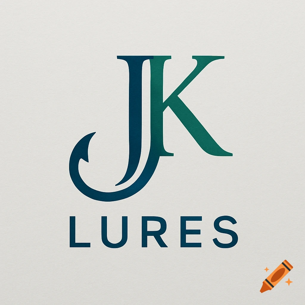 A logo for JK LURES with stylized blue and green 'JK' featuring a fish hook, above 'LURES' on a light background.