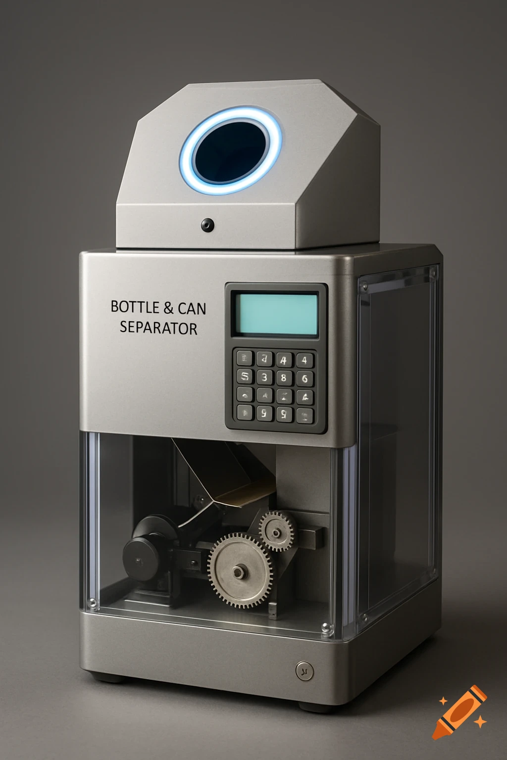 A modern, grey metal bottle and can separator machine with a glowing blue ring around the input hole, a digital screen, and a visible gear mechanism behind a clear panel.