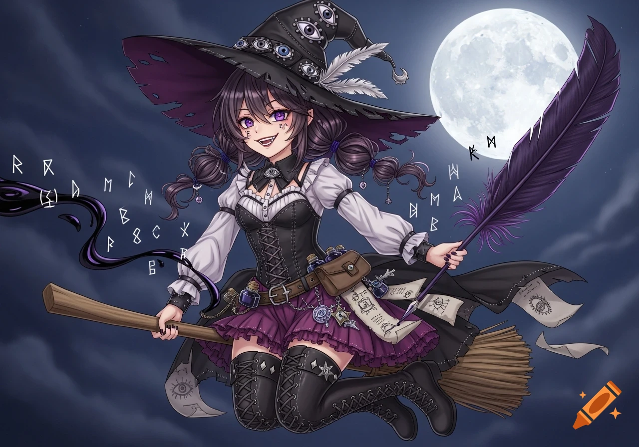An anime witch with a devious grin rides a broomstick under a full moon, holding a giant quill that drips floating runes.