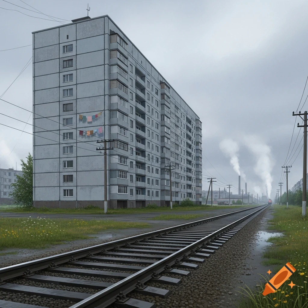 A large, grey apartment building stands beside railway tracks under a cloudy sky, with distant factories emitting smoke.