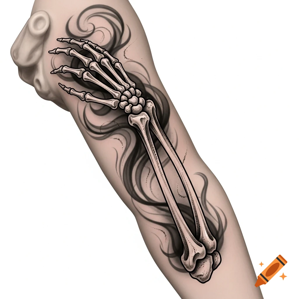 A stylized tattoo of a skeletal arm on a human arm, with dark smoke swirling around it.