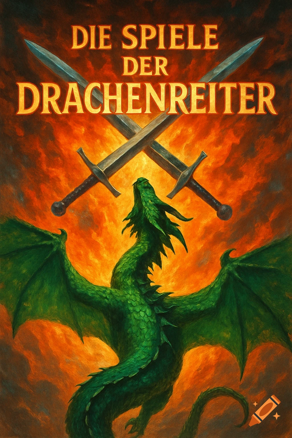 Painted fantasy art of a green dragon looking up with crossed swords above it against an orange fiery background. Text reads 'DIE SPIELE DER DRACHENREITER'.