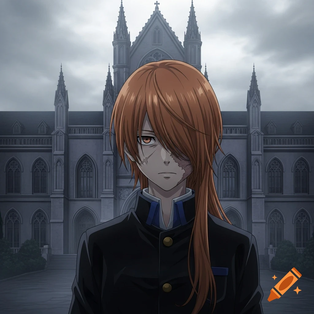 Anime boy with long orange hair covering a facial scar, wearing a black and blue school uniform in front of a gloomy gothic school.