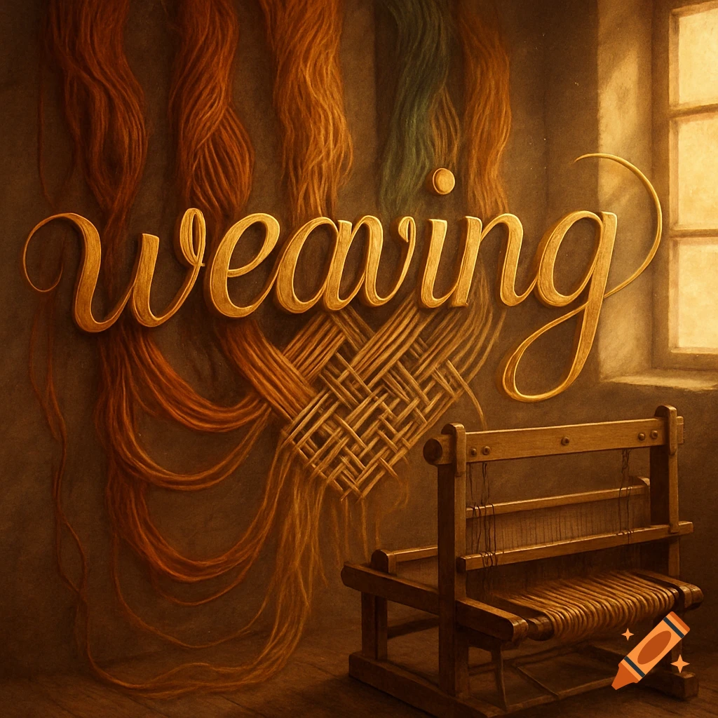 The golden word "Weaving" in script, surrounded by hanging yarn and a wooden loom, against a warm, textured wall.
