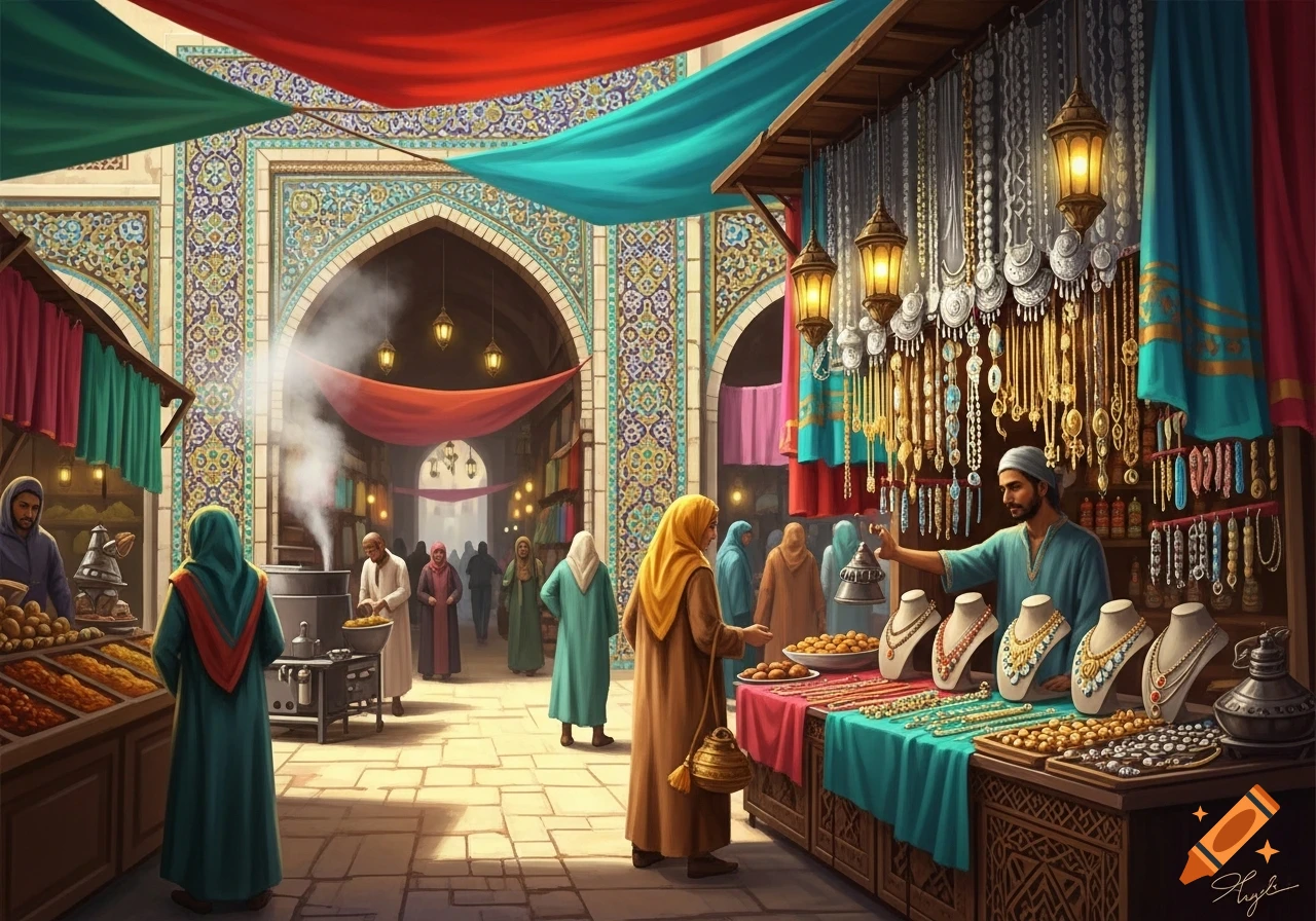 A richly detailed digital painting of a bustling Middle Eastern marketplace with vendors, shoppers, colorful fabrics, jewelry, and food stalls.