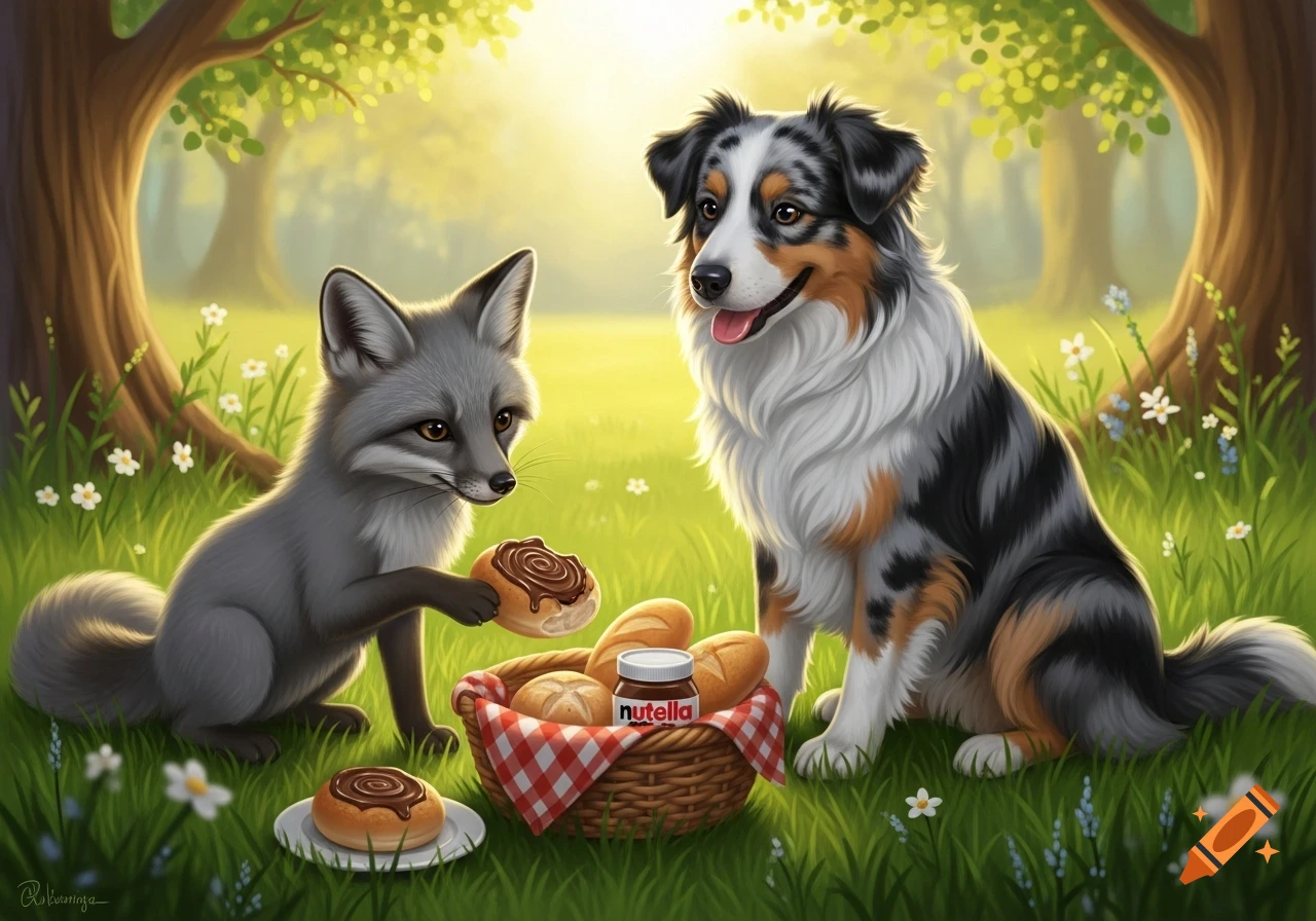 A gray fox and a blue merle Australian Shepherd dog have a picnic with bread, Nutella, and cinnamon rolls in a sunny forest clearing, digital art.