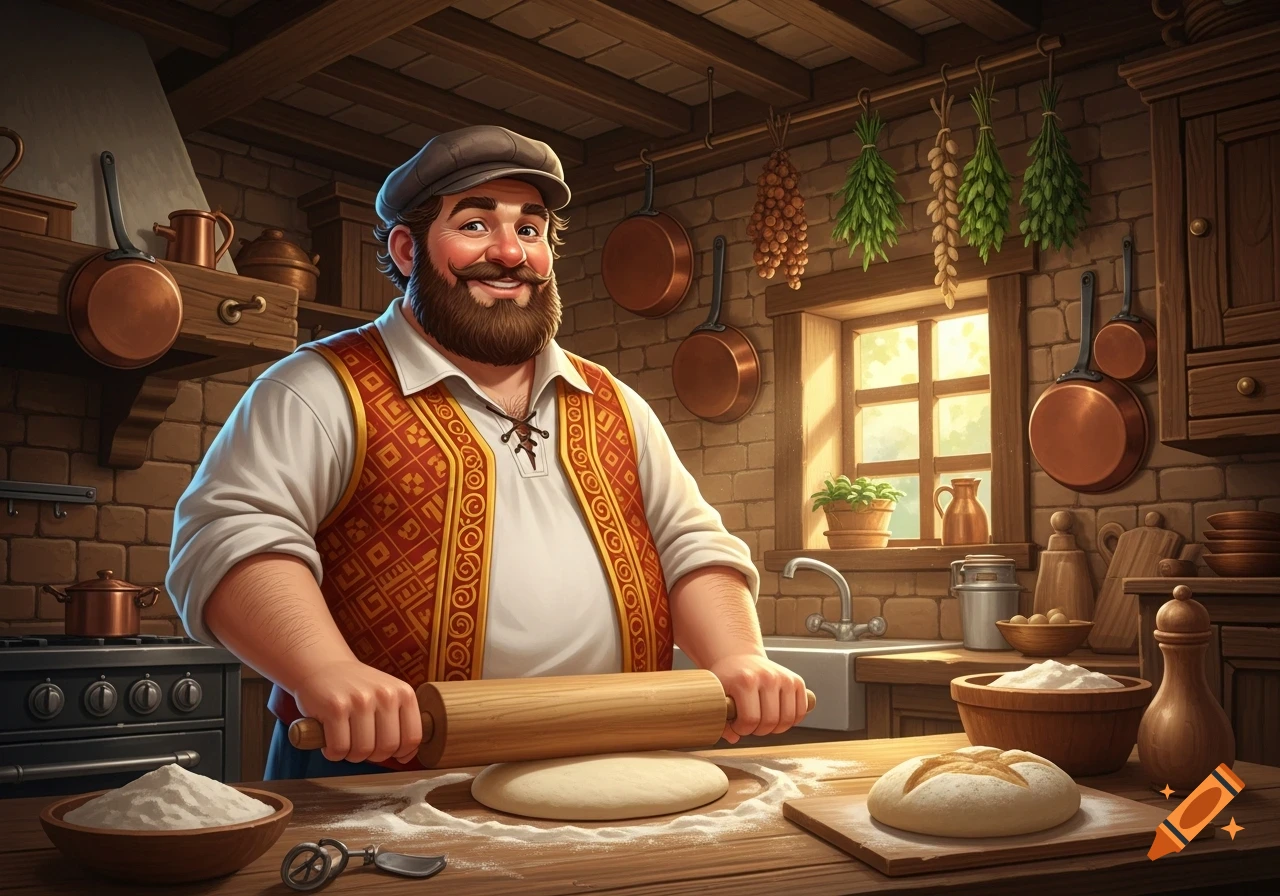 A portly, smiling man in a baker's cap and decorative vest uses a rolling pin to flatten dough on a wooden counter in a rustic kitchen.