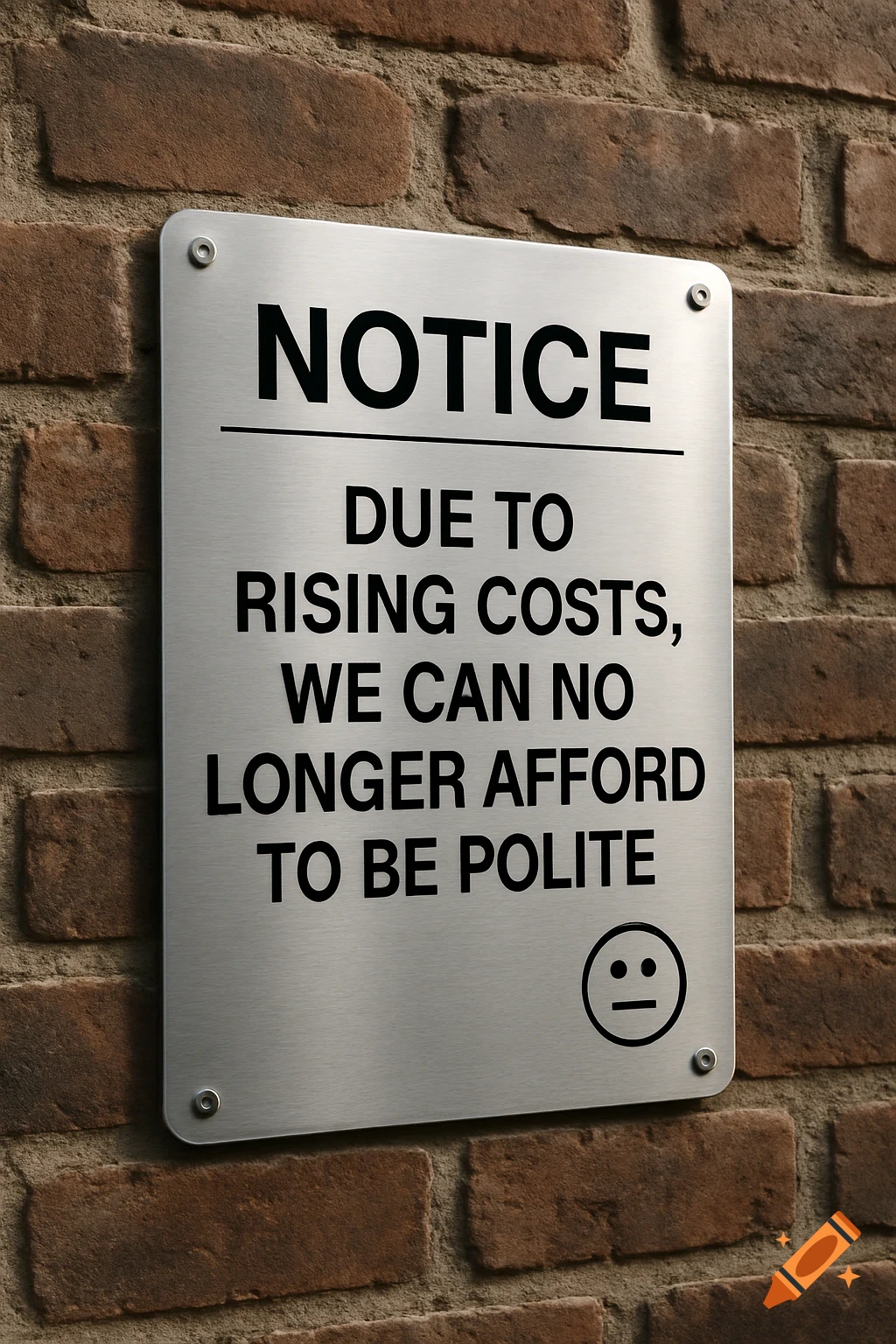 A silver sign on a brick wall reads, 'NOTICE: Due to Rising Costs, We Can No Longer Afford to Be Polite,' with a deadpan smiley.