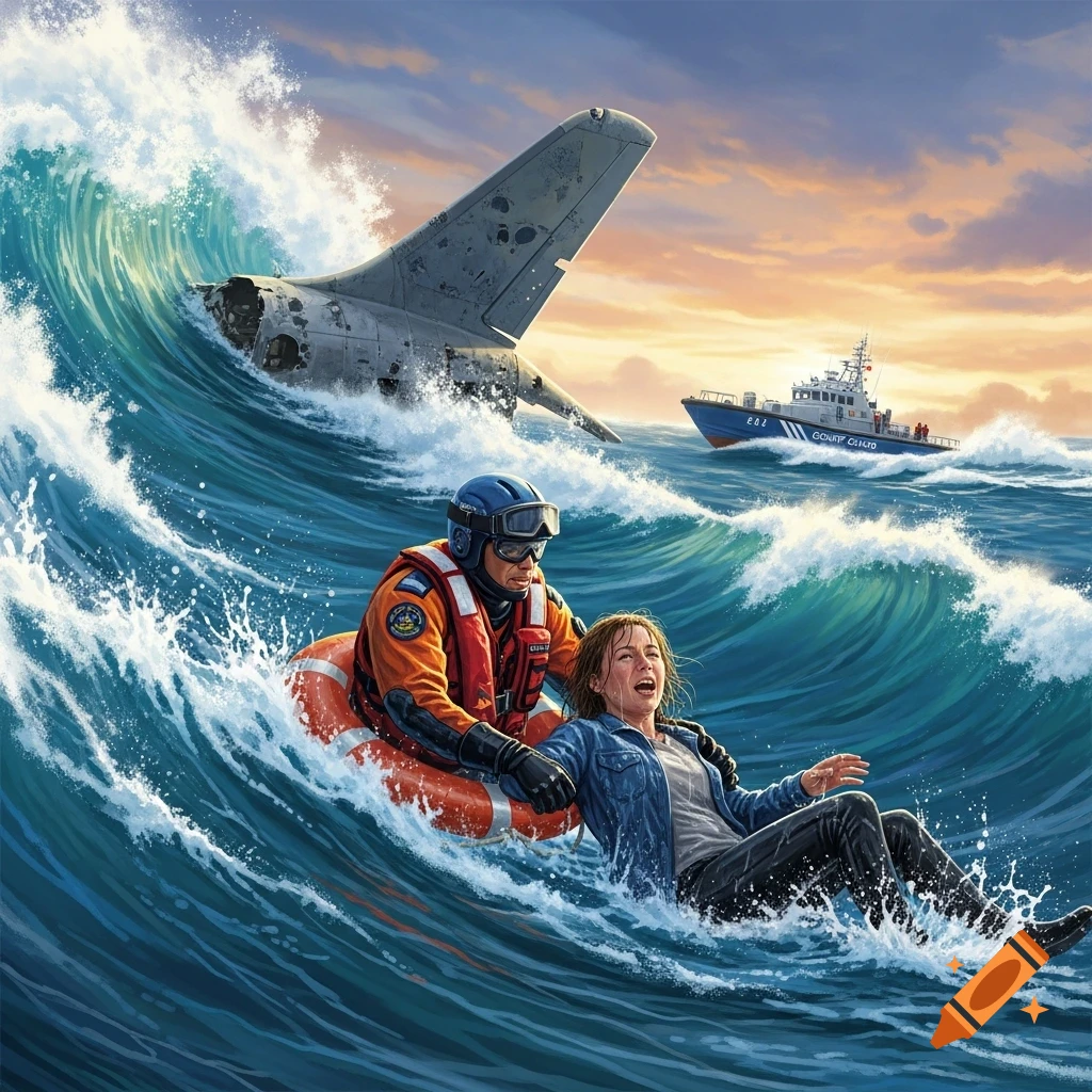 Illustrative scene of a Coast Guard rescuer saving a woman from a crashed space shuttle amidst rough seas, with a rescue boat and sunset.