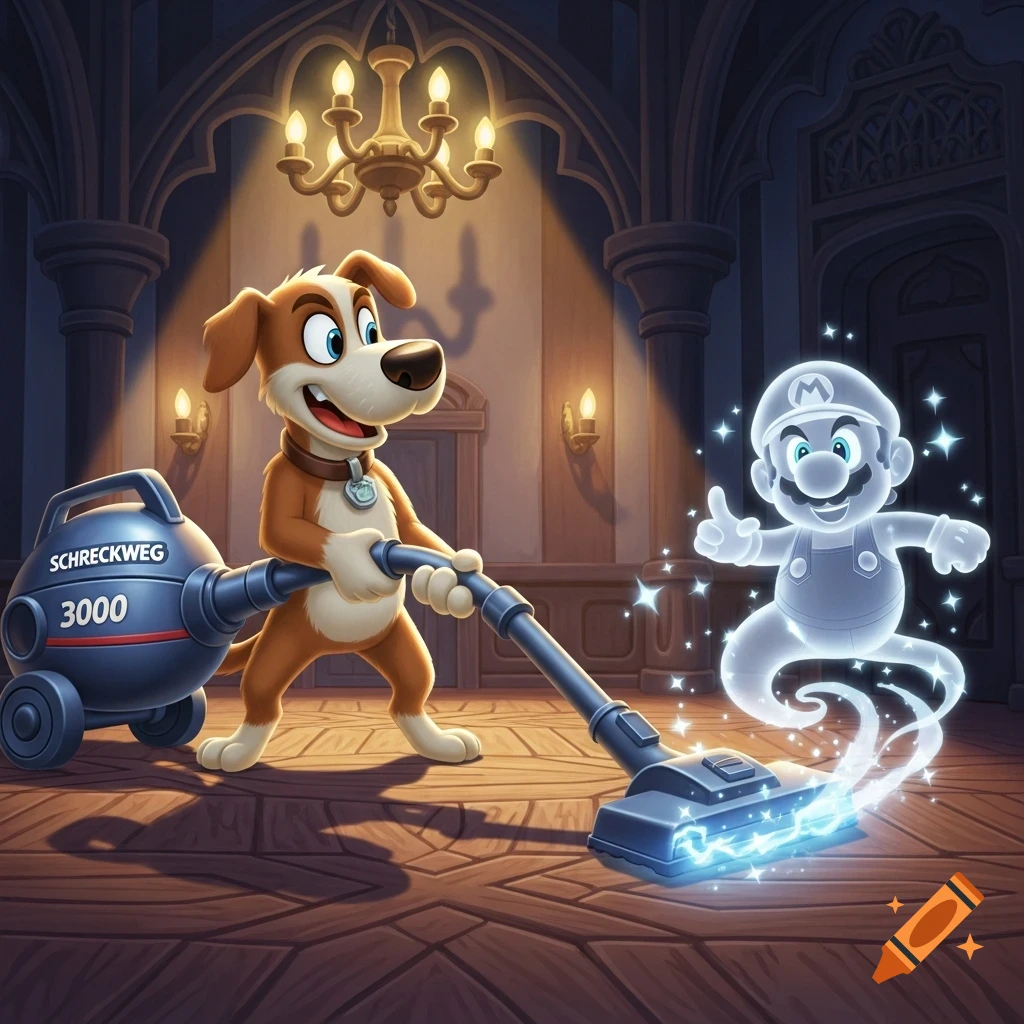 A cartoon dog vacuums a glowing ghost resembling Super Mario with a 'Schreckweg 3000' vacuum in a gothic mansion.