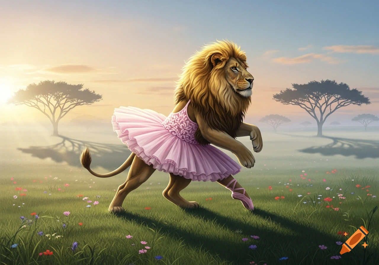 A majestic lion, wearing a pink ballet tutu and pointe shoes, poses in a grassy savanna at sunrise.