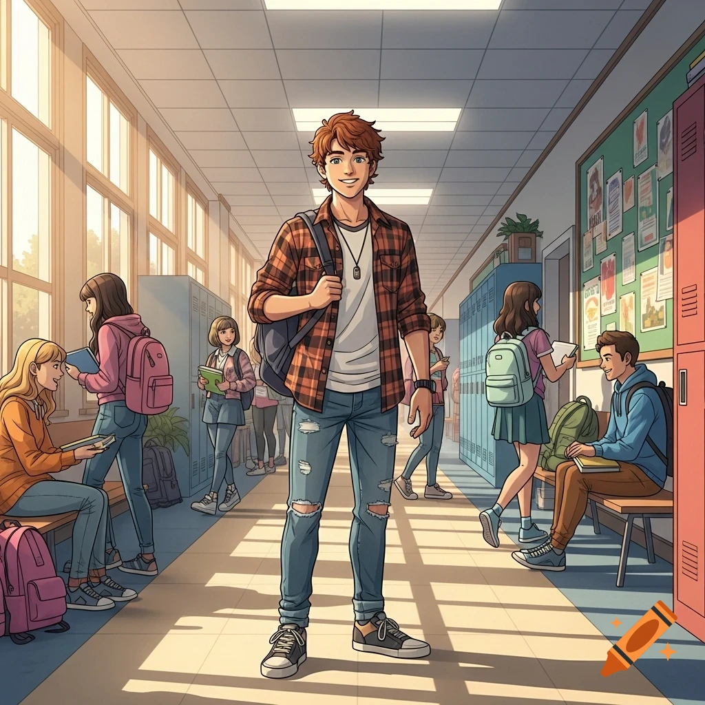A smiling male student with a backpack stands in a sunny anime school hallway, surrounded by other students and lockers.