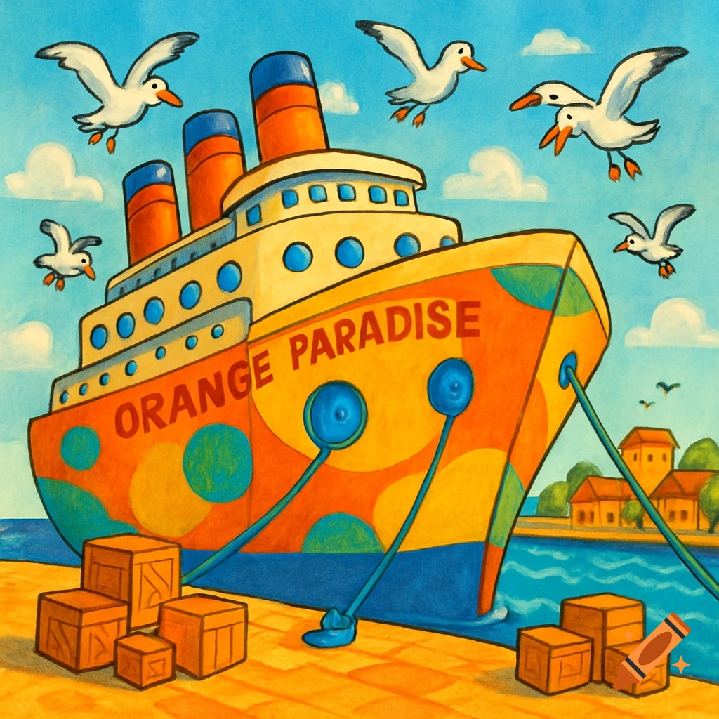 A vivid cartoonish illustration of a colorful cruise ship 'Orange Paradise' docked in a port with crates and seagulls.