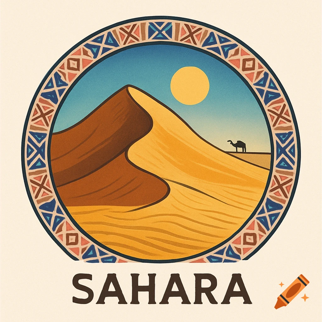 A circular emblem illustration depicting a desert scene with dunes, a sun, and a camel silhouette, bordered by tribal patterns. The word "SAHARA" is written below.