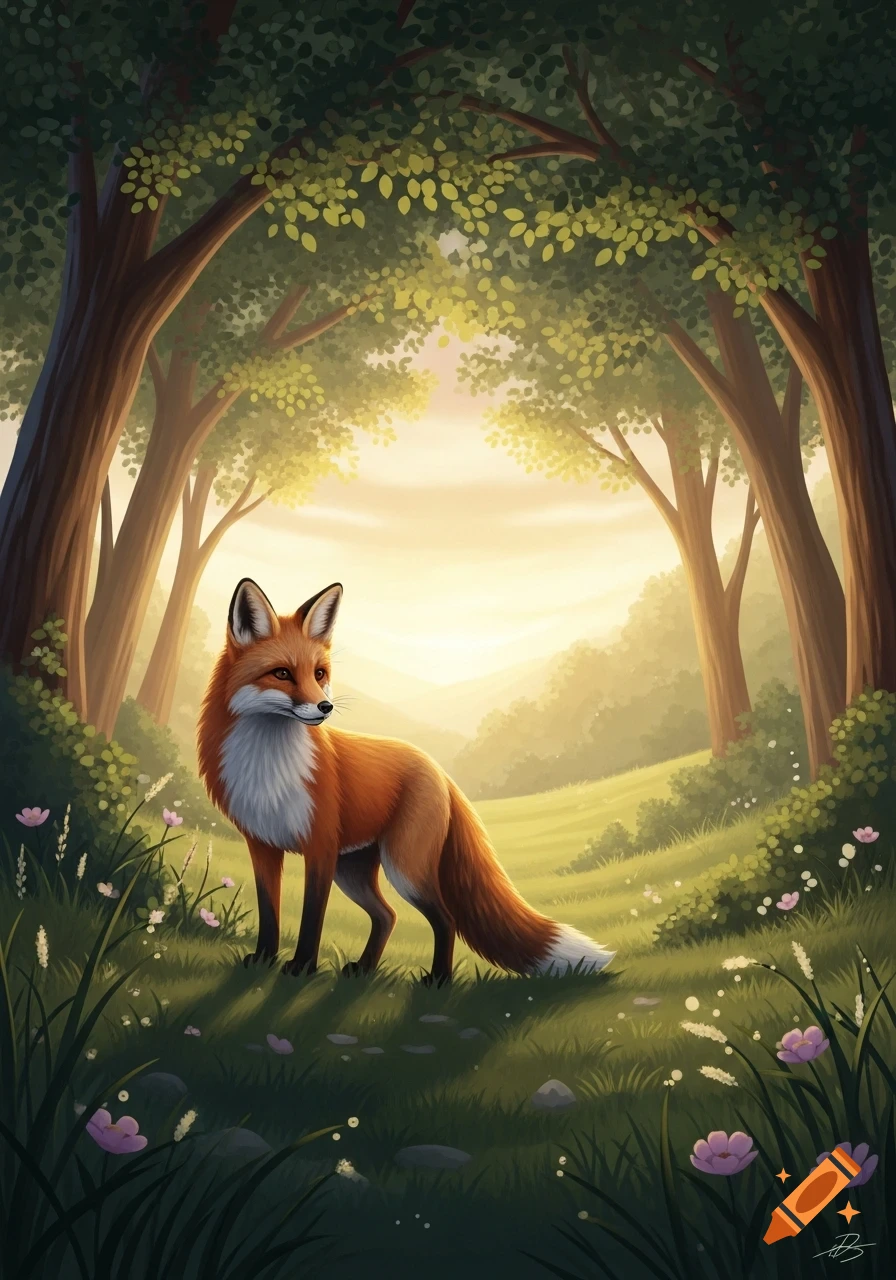 A stylized illustration of a red fox standing in a sun-dappled forest ...