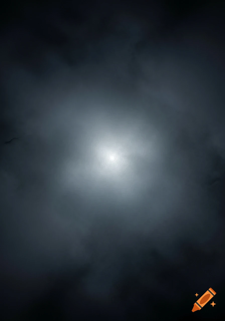 A dark abstract background with swirling smoke or clouds and a bright, subtle light halo in the center.