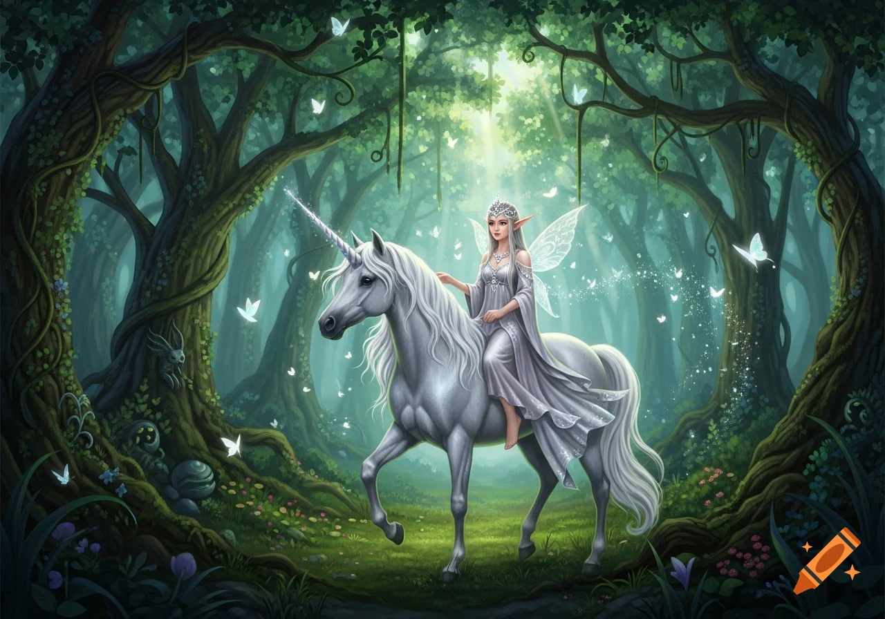 A fairy with delicate wings sits atop a majestic white unicorn, both walking through a luminous, enchanted forest with butterflies.