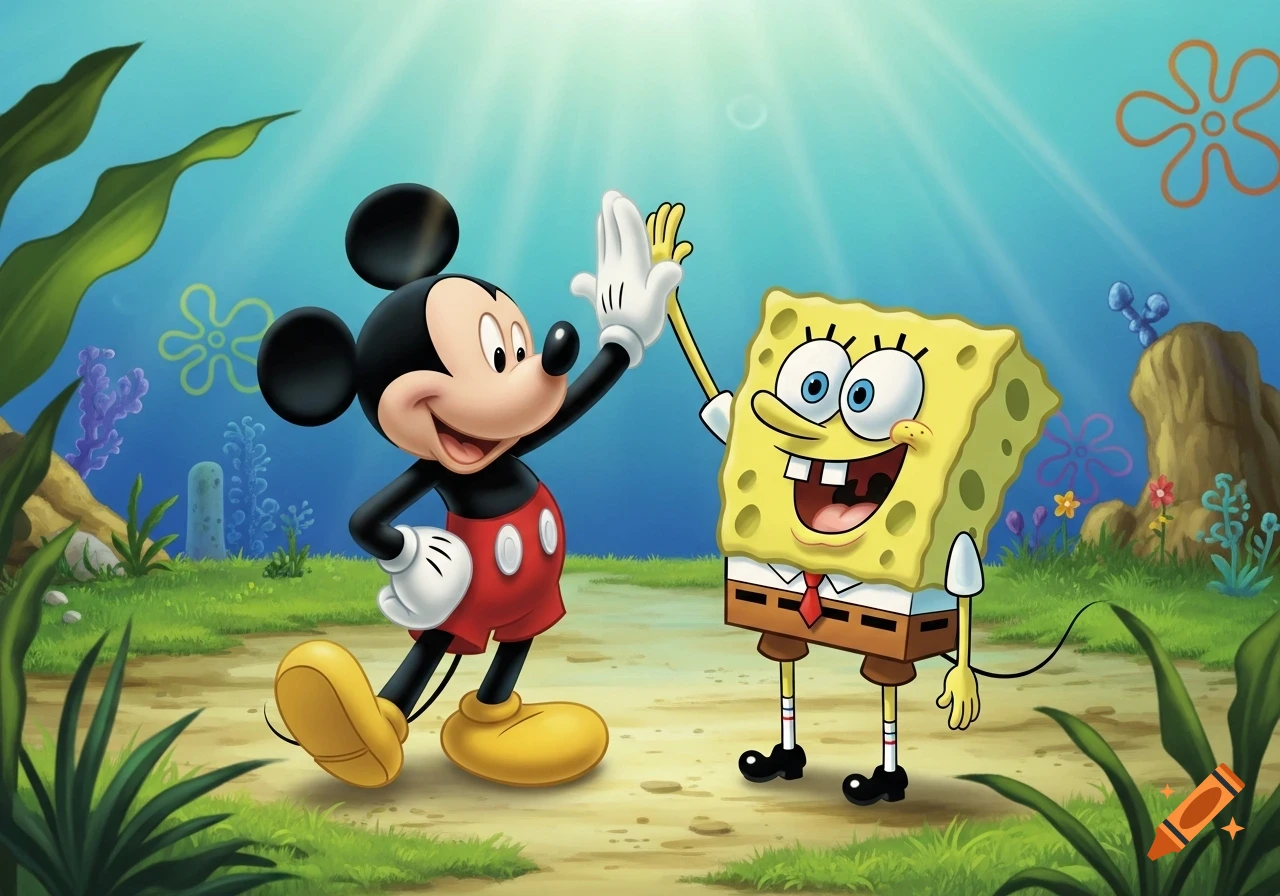 Mickey Mouse and Spongebob Squarepants high-five in an underwater scene.