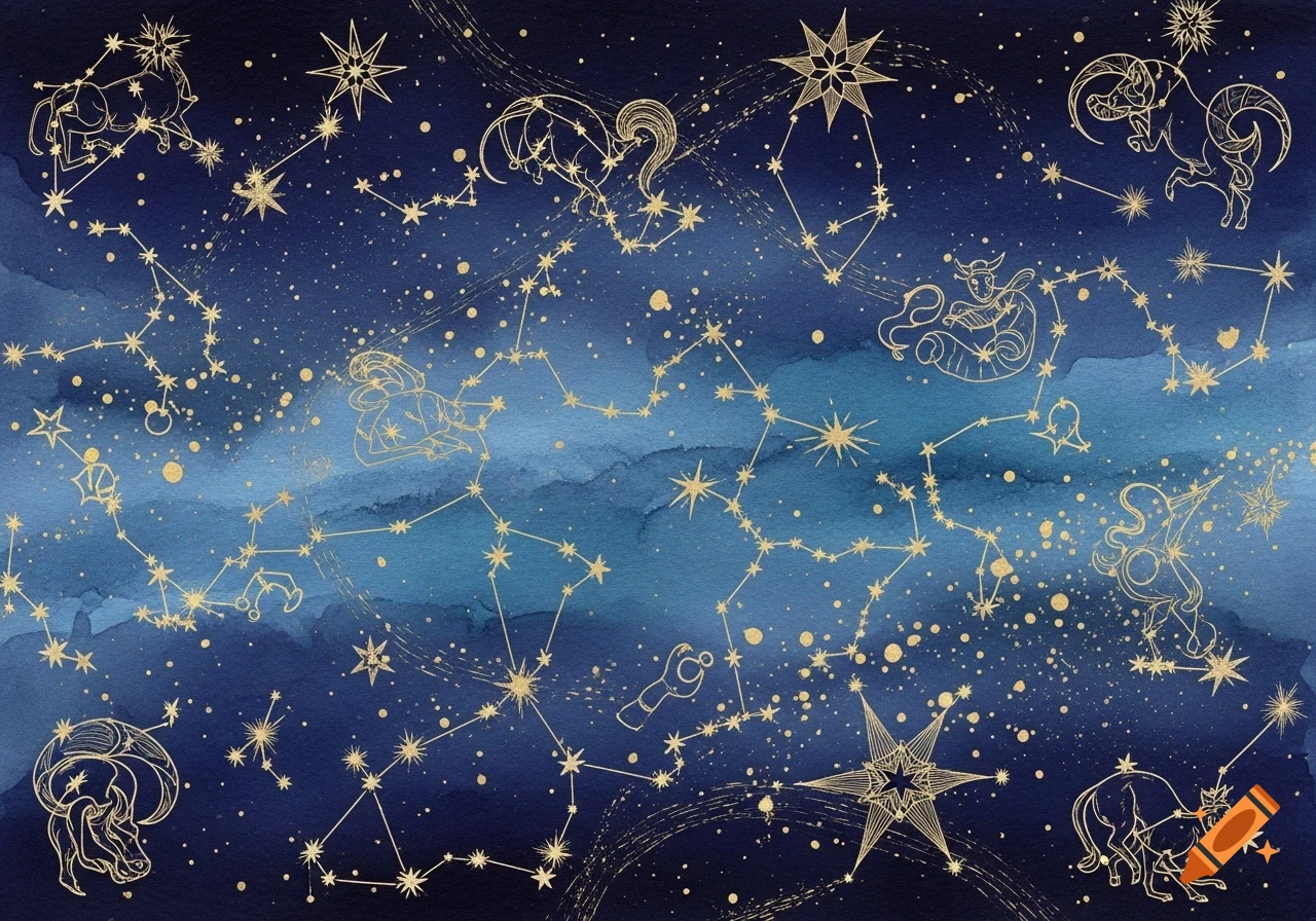 A dark blue watercolor background featuring shimmering gold line art of zodiac constellations and numerous hand-drawn stars.